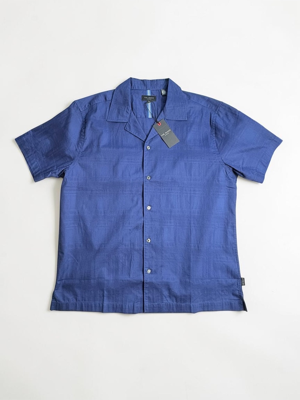 NWT Ted Baker Textured Camp Shirt Midnight Sail Navy Blue Plaid Size L - Picture 3 of 15